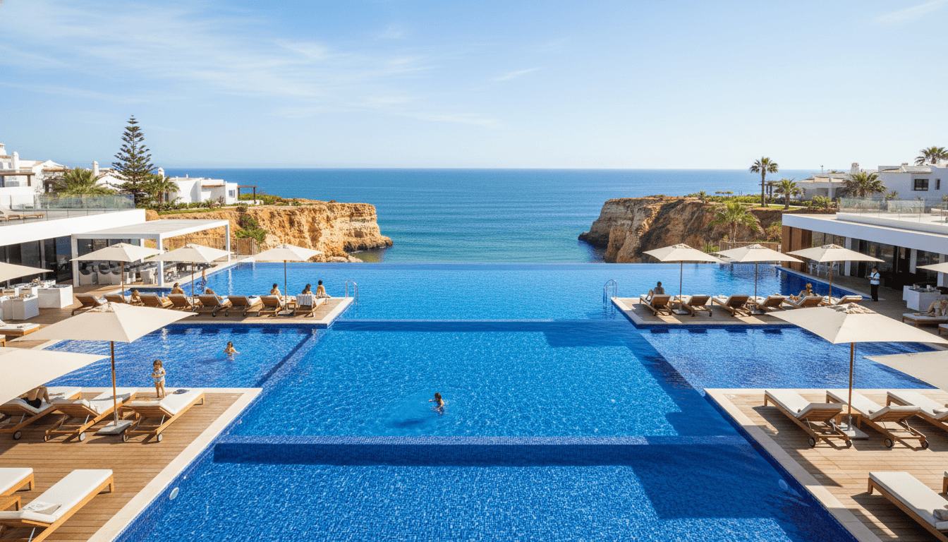 A luxury family resort pool overlooking the Atlantic Ocean in Algarve