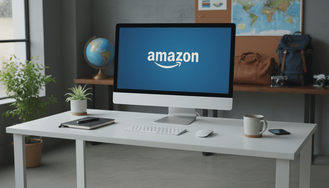 A professional home office setup with an Amazon logo on the screen and travel gear in the background