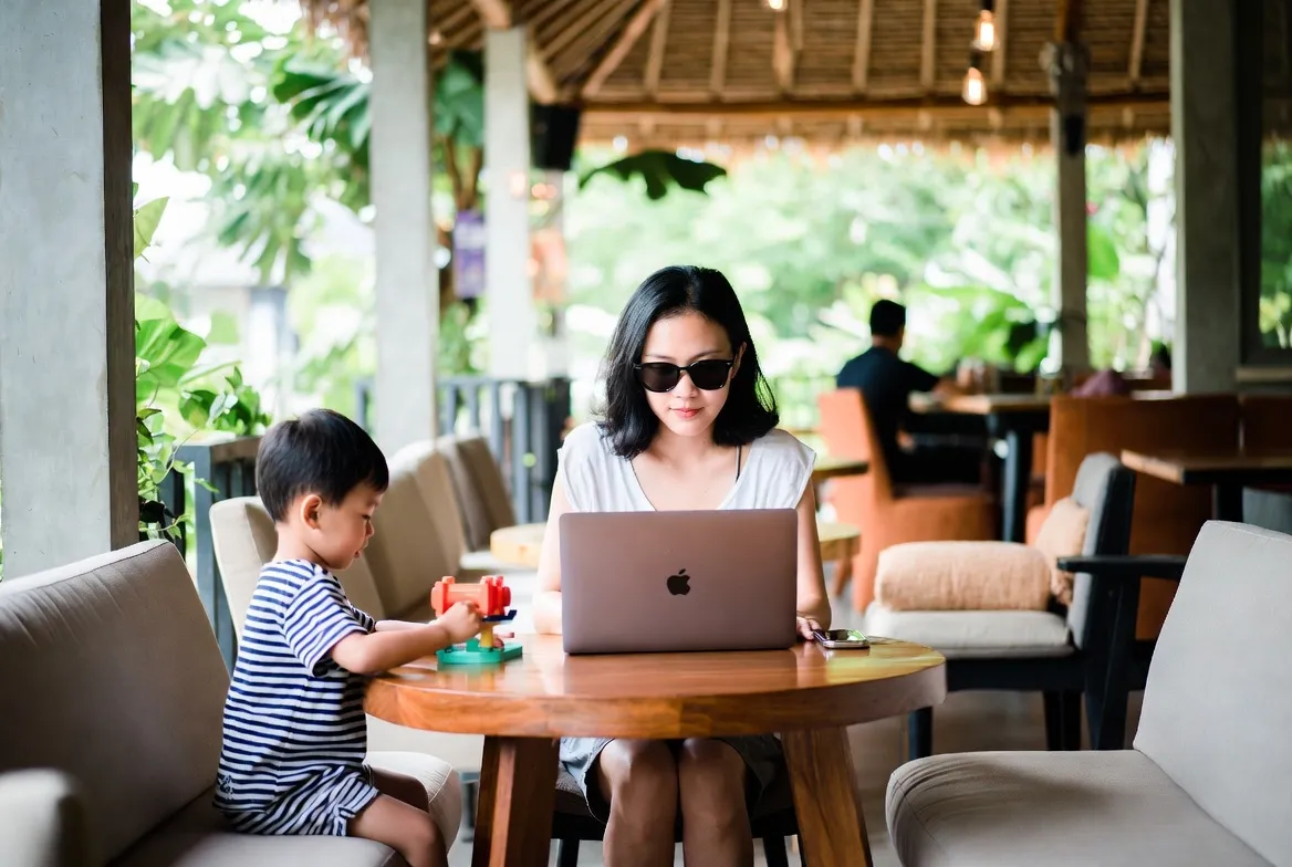 A parent working on a laptop at a beautiful cafe in Canggu while their child plays nearby