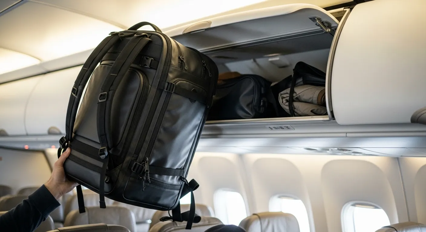 Carry-on travel backpack in an airplane overhead bin