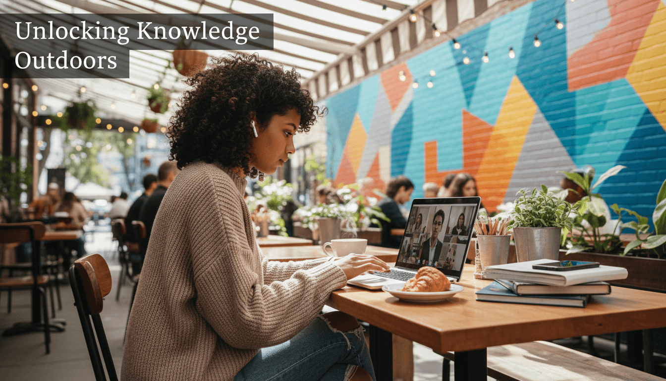 A student using a laptop for online learning in a vibrant outdoor cafe