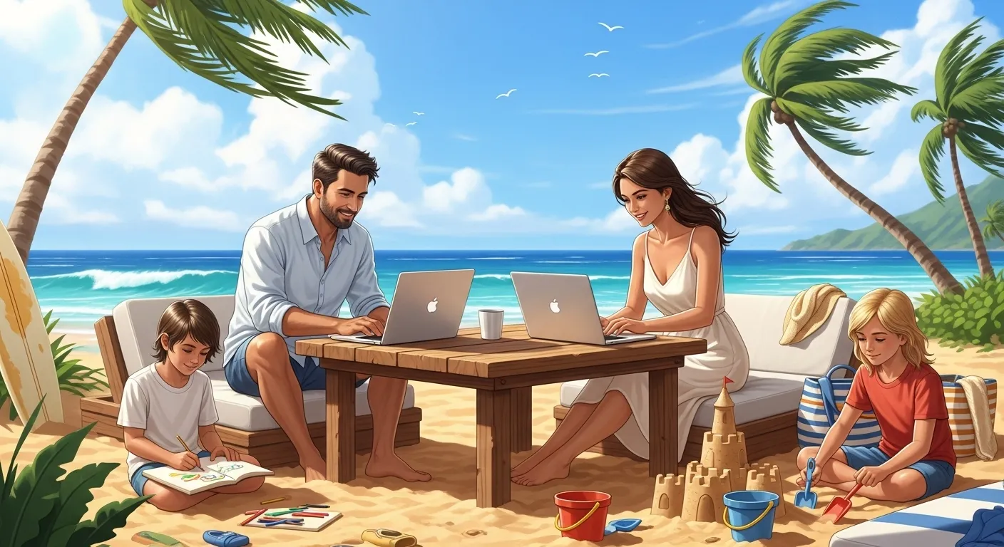 A digital nomad family working and playing in a tropical destination