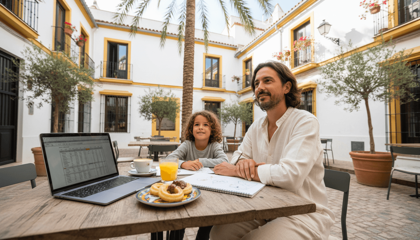 A digital nomad parent working on a laptop at a sunny outdoor cafe in Spain