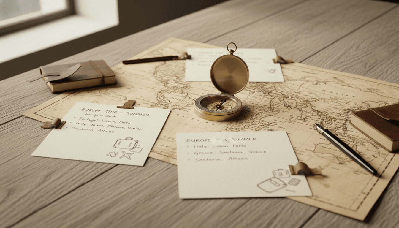 A vintage map and compass on a wooden table with travel planning notes