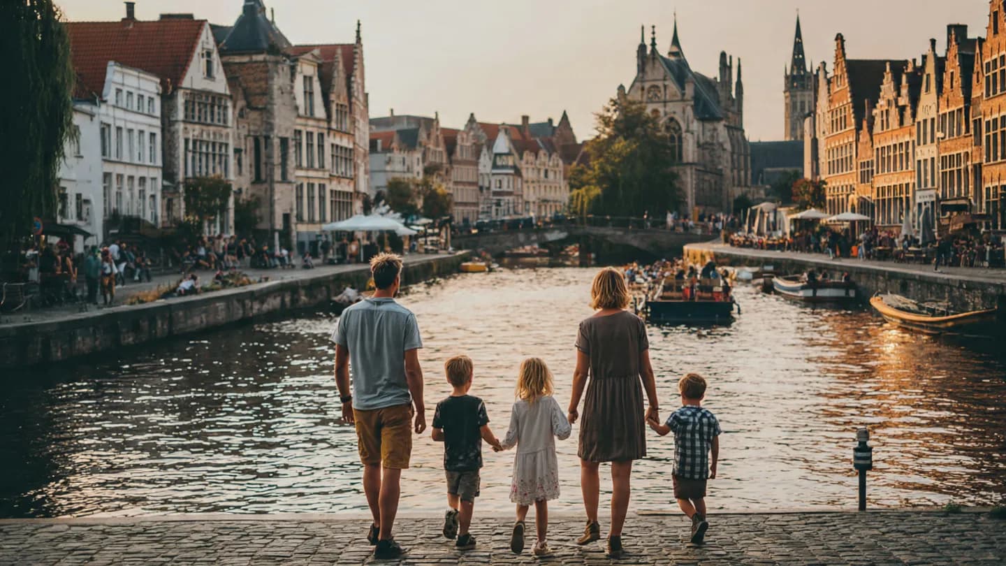 Family exploring a beautiful European city square