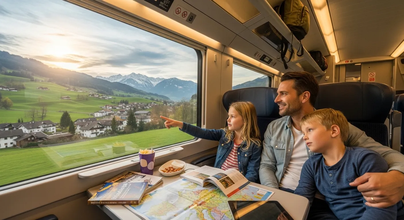 A family traveling by train across Europe