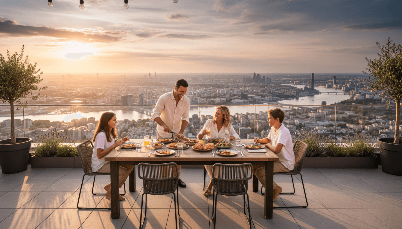 A family sharing a meal outdoors on a terrace overlooking a city at sunset