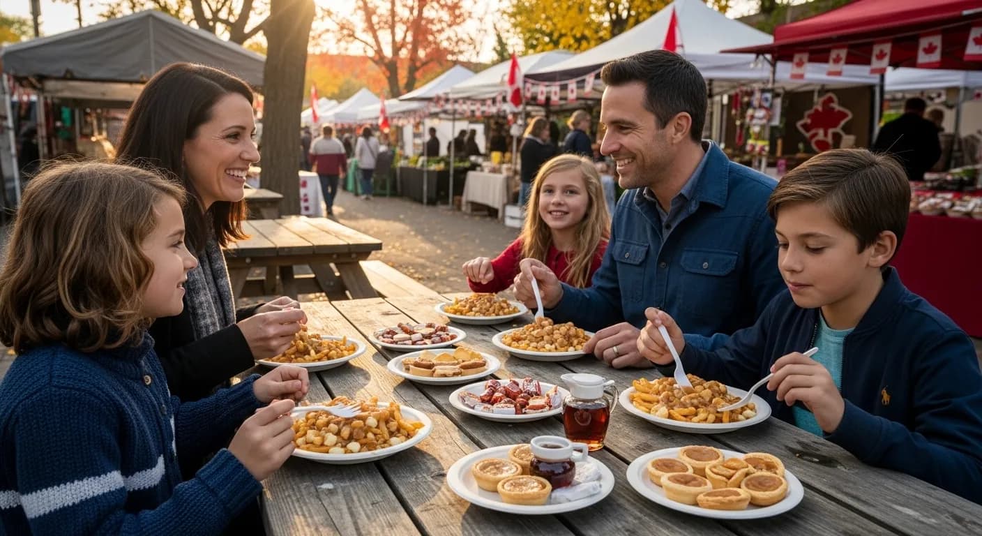 A family enjoying a traditional Canadian meal of poutine and maple treats at an outdoor market