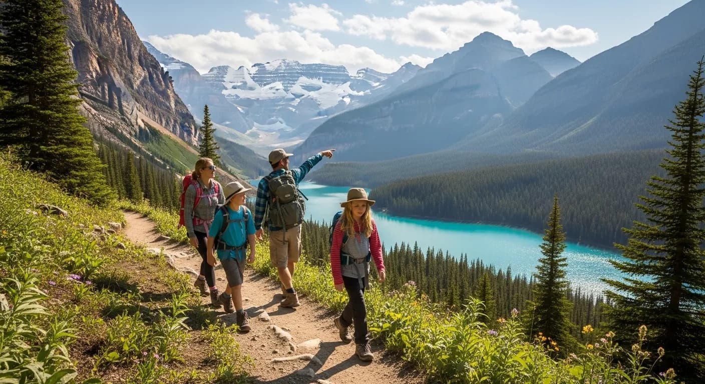A family hiking through a scenic trail in Banff National Park with turquoise lakes in the background