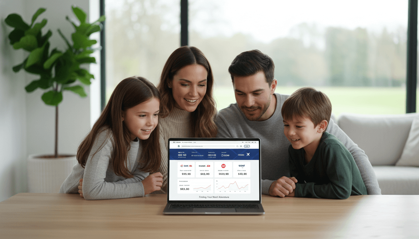 Family looking at flight prices on a laptop