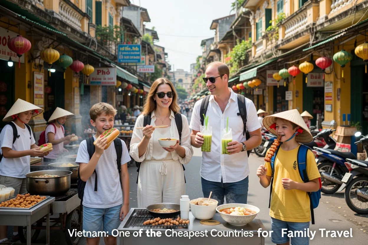 A family enjoying street food in Vietnam, one of the cheapest countries for family travel