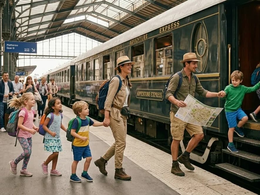 A family boarding a train for their next adventure