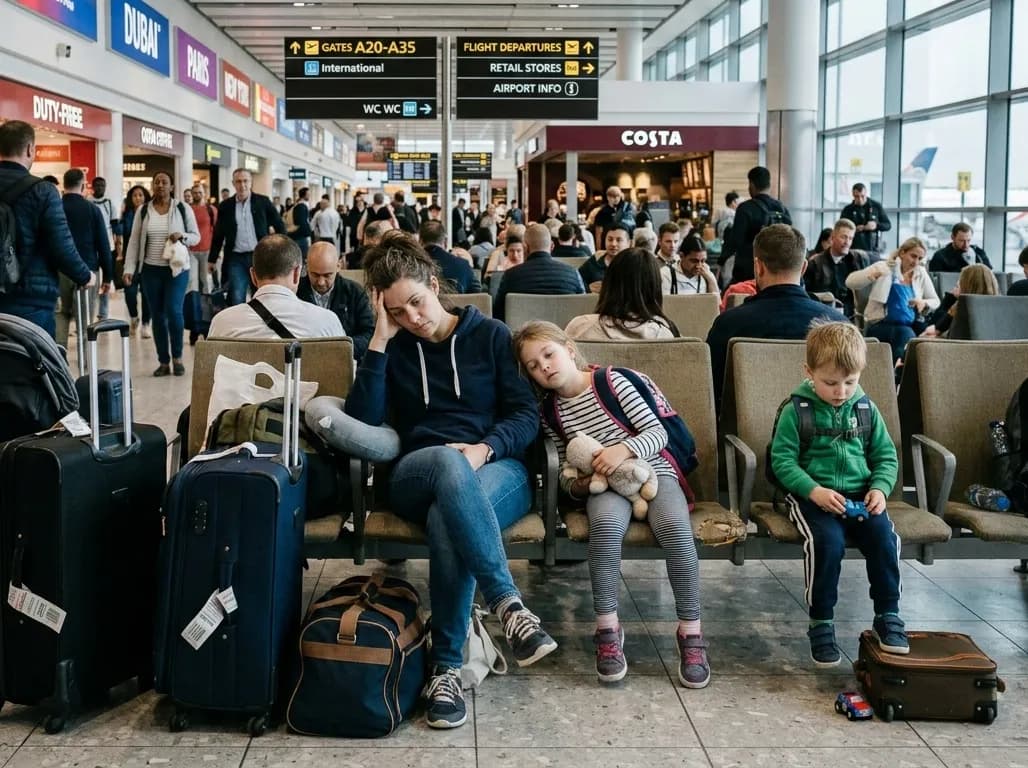 A tired mother sitting with her luggage and two children in a busy airport terminal