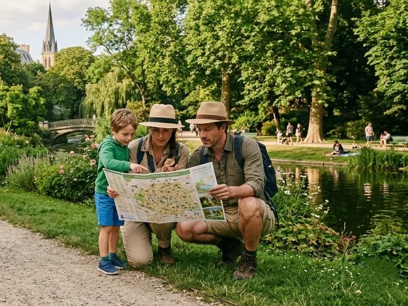 Parents and children looking at a map in Europe