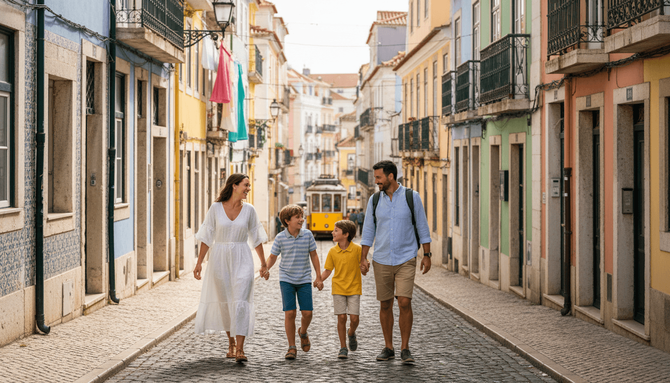A happy family walking through the colorful streets of Lisbon