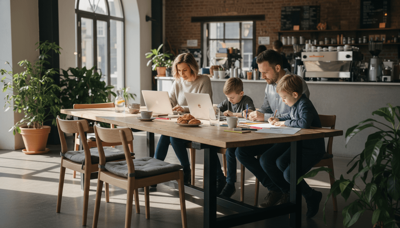 A family sitting around a wooden table in a sunlit cafe, parents on laptops while kids draw in journals