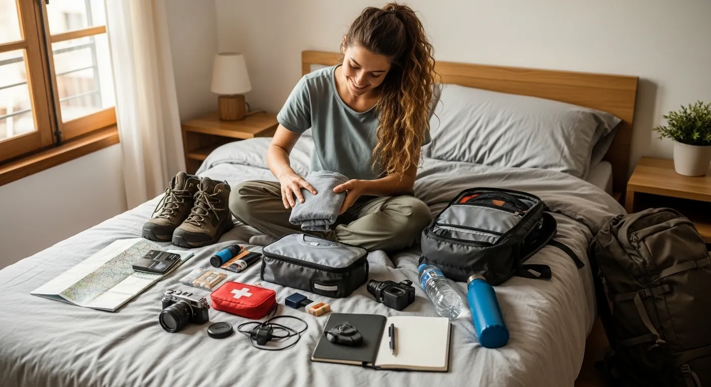 A female traveler organizing her essentials for a long-term journey