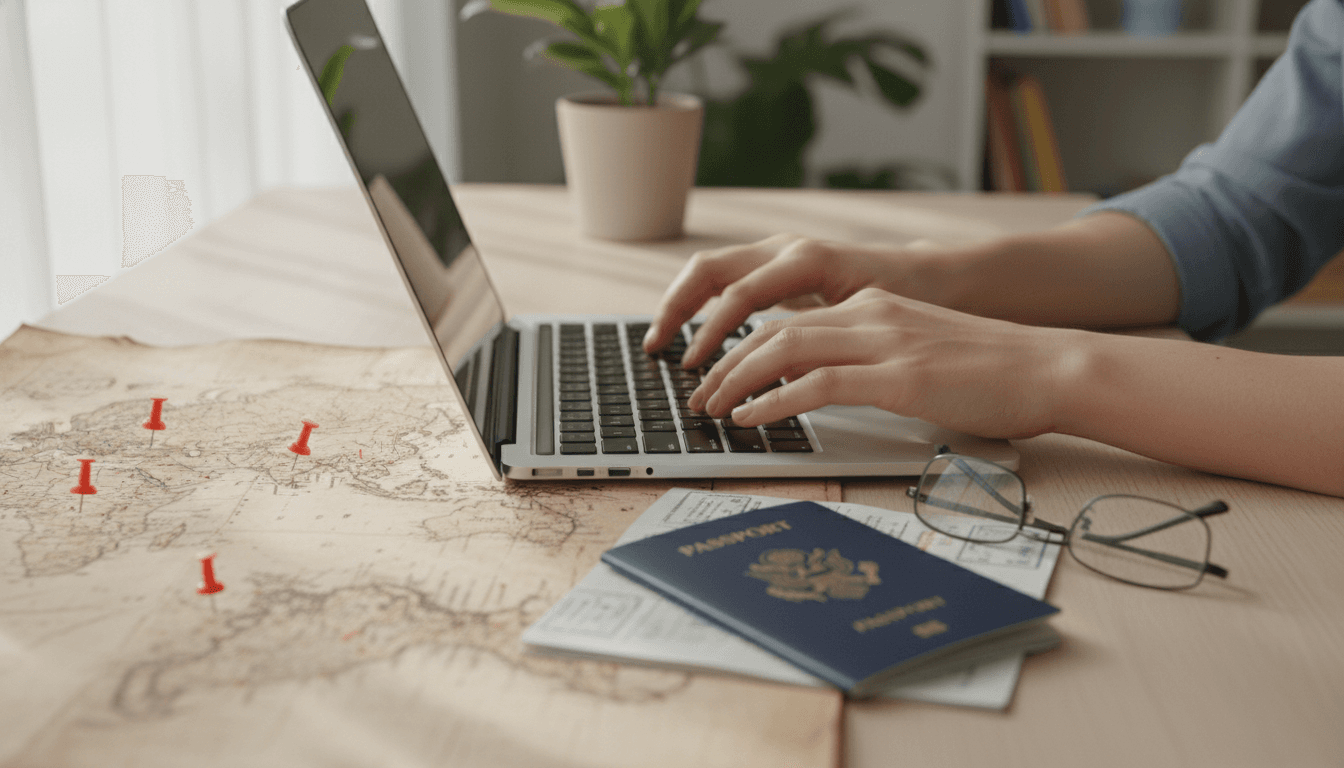 Close up of a hand typing on a laptop with a world map and a passport on the desk