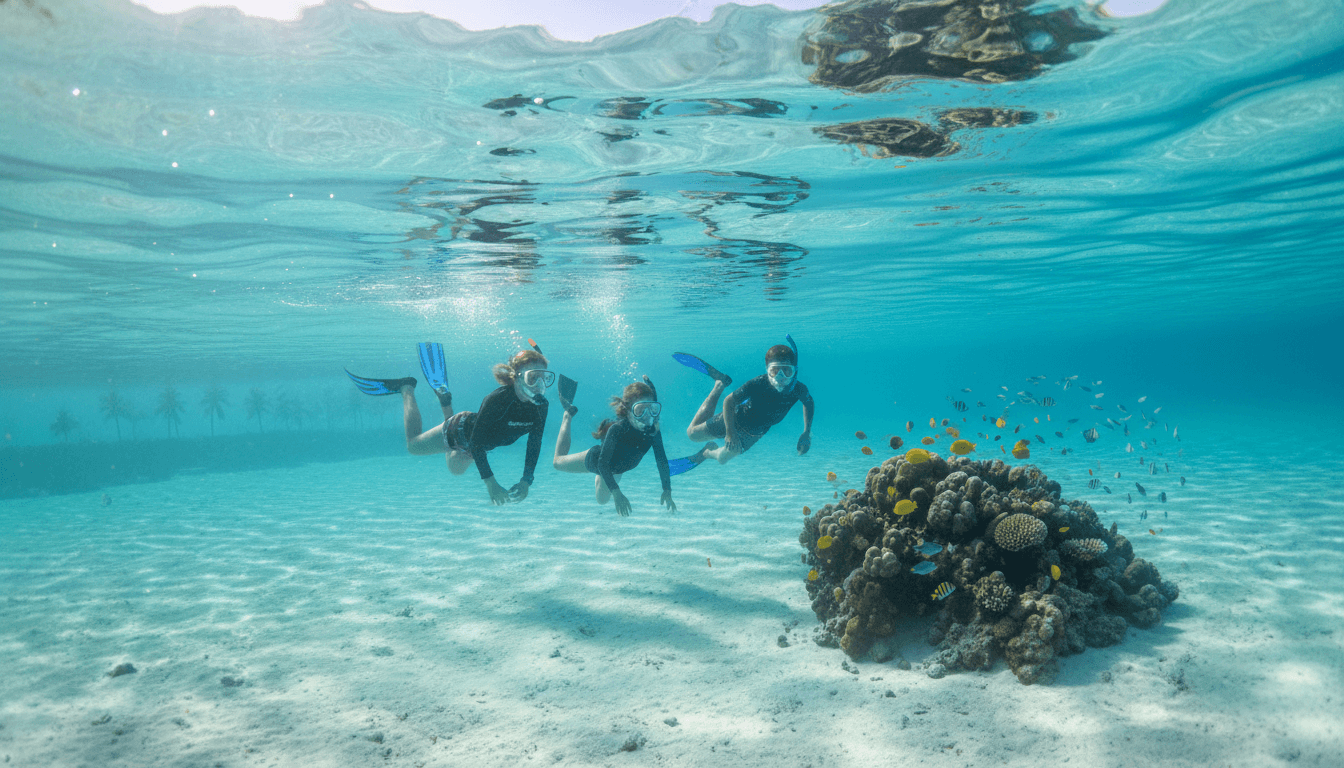 A family snorkeling in the clear blue waters of the Florida Keys during winter