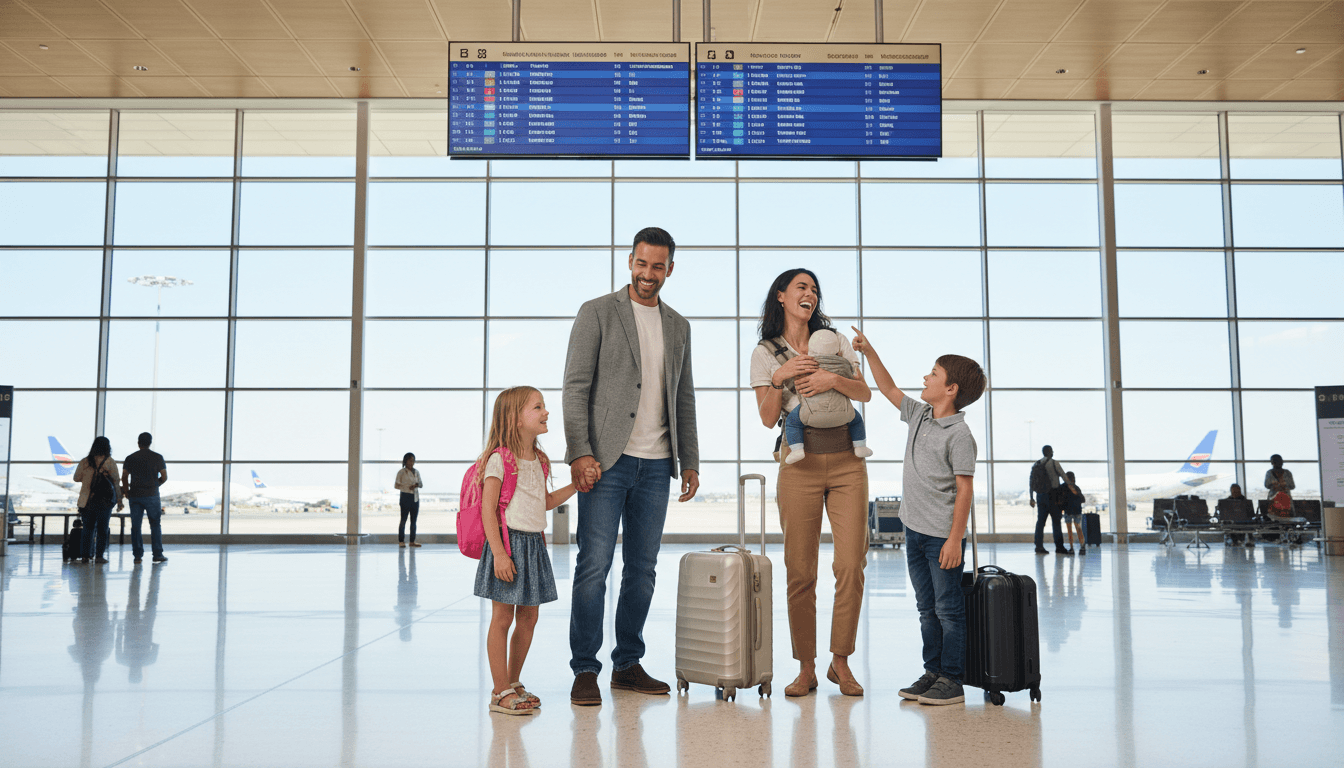 Happy family at the airport terminal