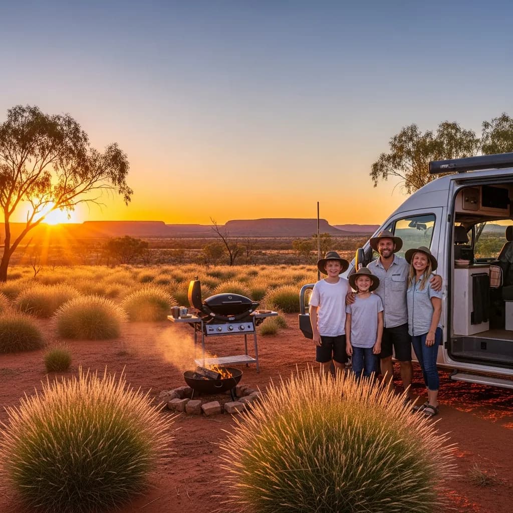 Happy family exploring the Australian outback with a campervan