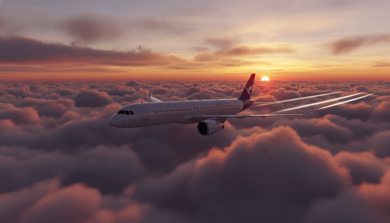 Airplane flying over clouds at sunset