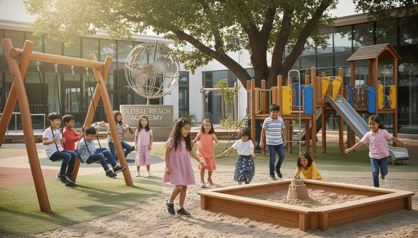 Children of different ethnicities playing together in an international school playground