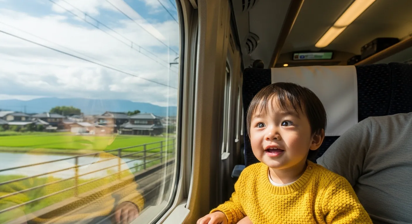 A toddler looking out the window of a Japanese Shinkansen bullet train