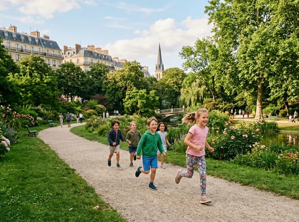 Kids running in a lush European city park