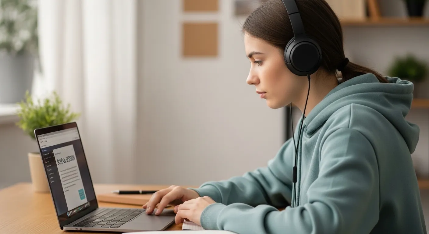 A student sitting at a desk using a laptop and wearing comfortable headphones for a focused school session