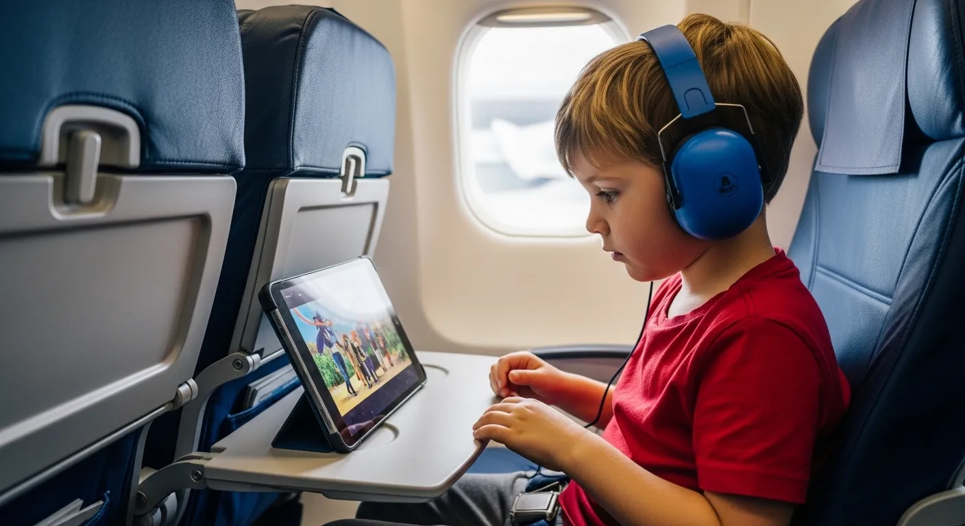 A young child wearing noise-canceling headphones looking at a tablet on an airplane