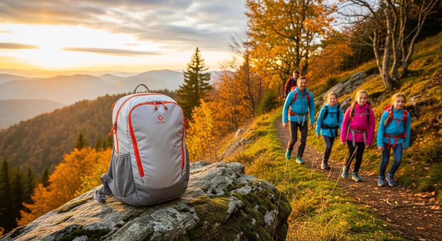 A lightweight travel backpack on a family hike