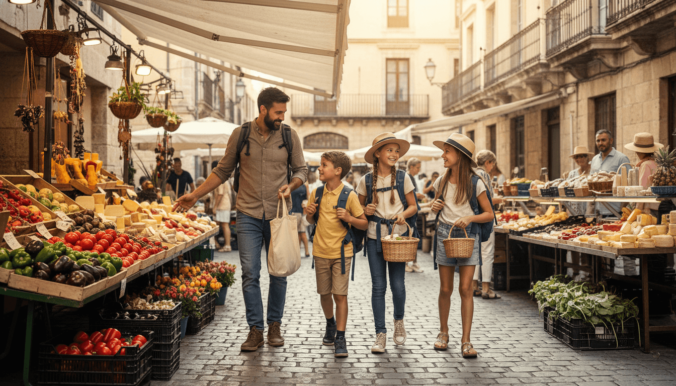 A family exploring a local market in Europe with backpacks