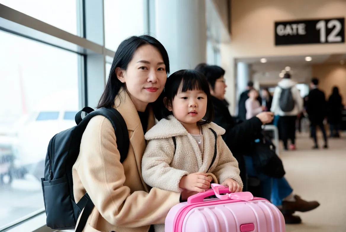Mother and child waiting at the boarding gate with the best carry on bag for a woman