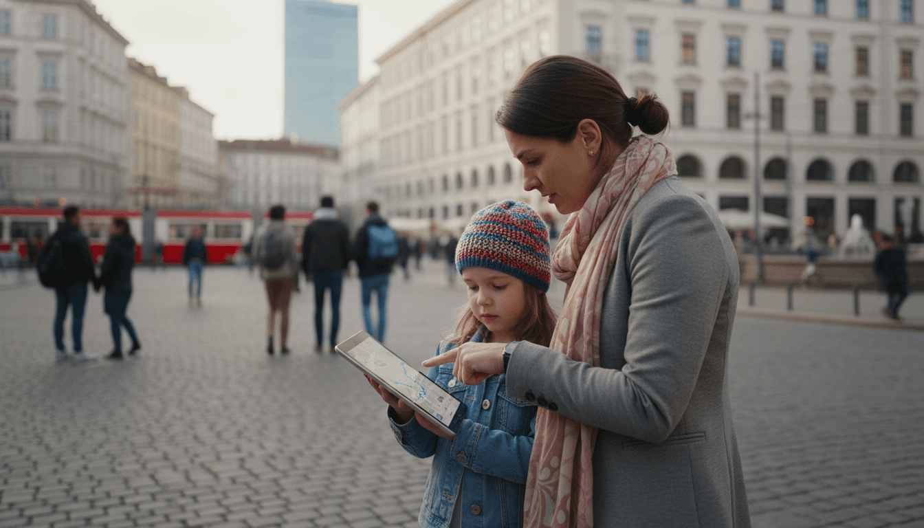 A mother and child looking at a digital map on a tablet in a new city