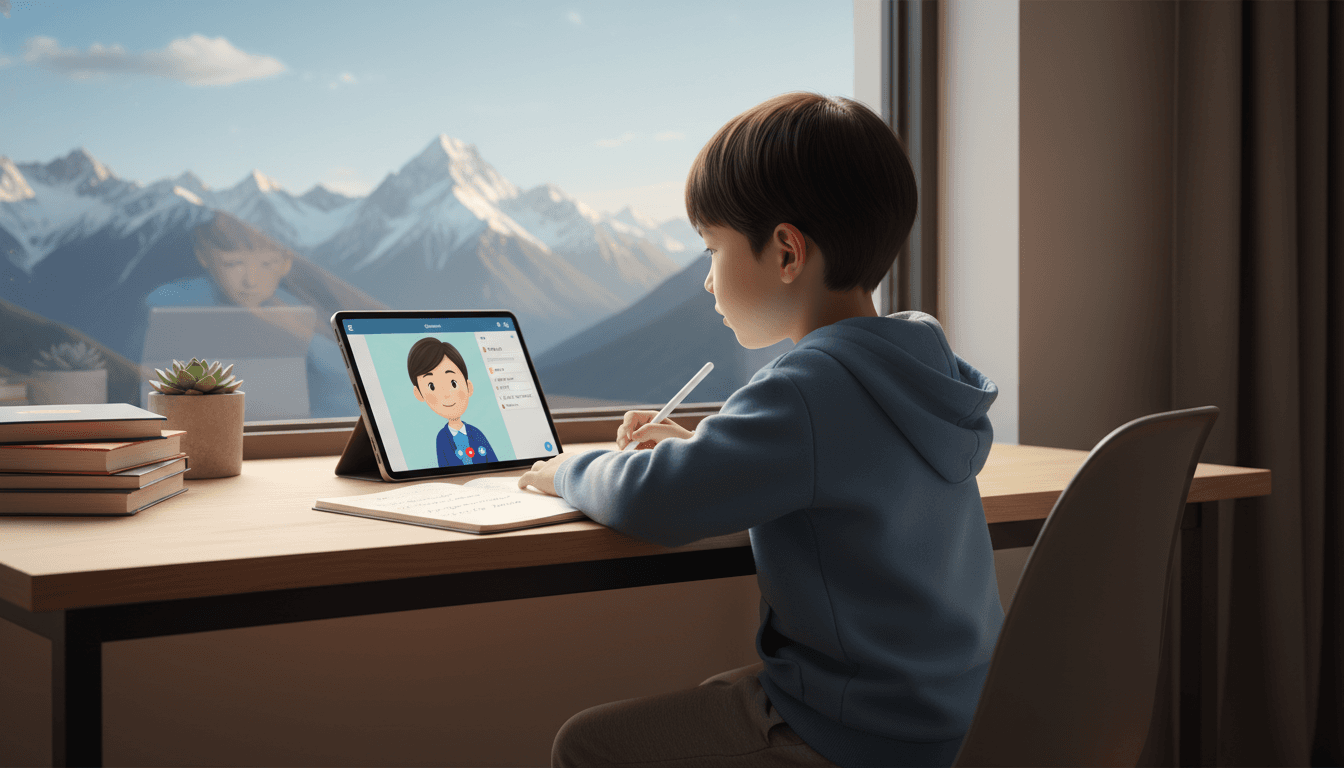 A young child using a tablet for online lessons with a view of mountains in the background