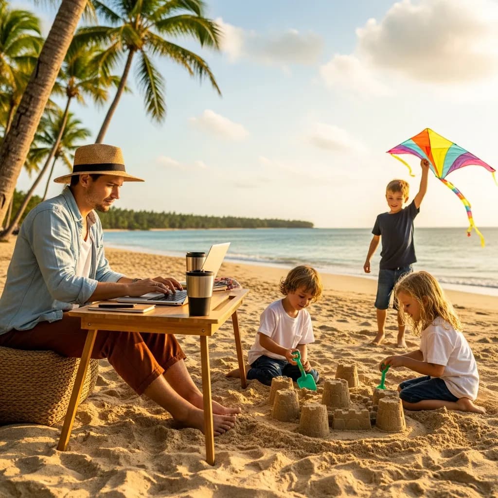 Digital nomad parent working on a laptop while kids play nearby