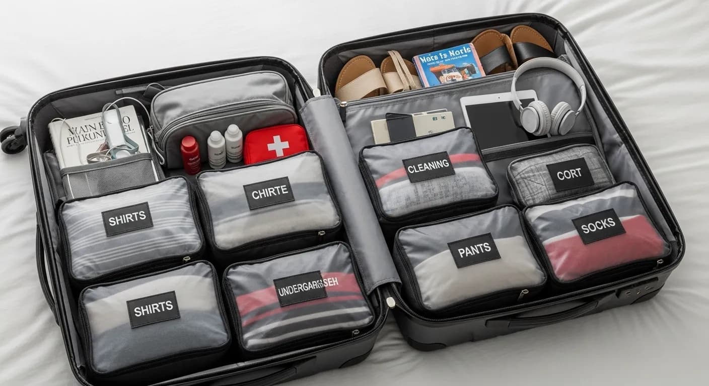 A well-organized suitcase with packing cubes for a month-long trip