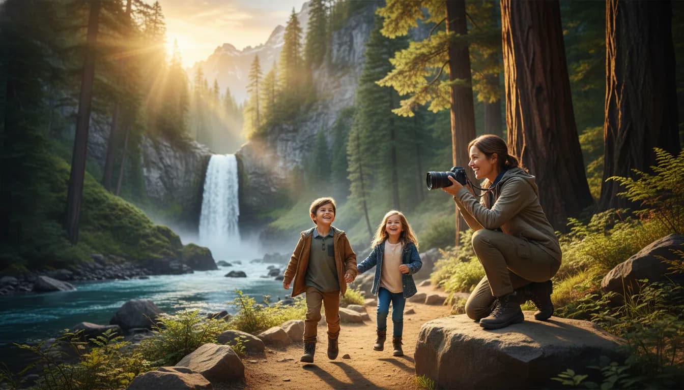 A parent taking high-quality photos of their children in a scenic location