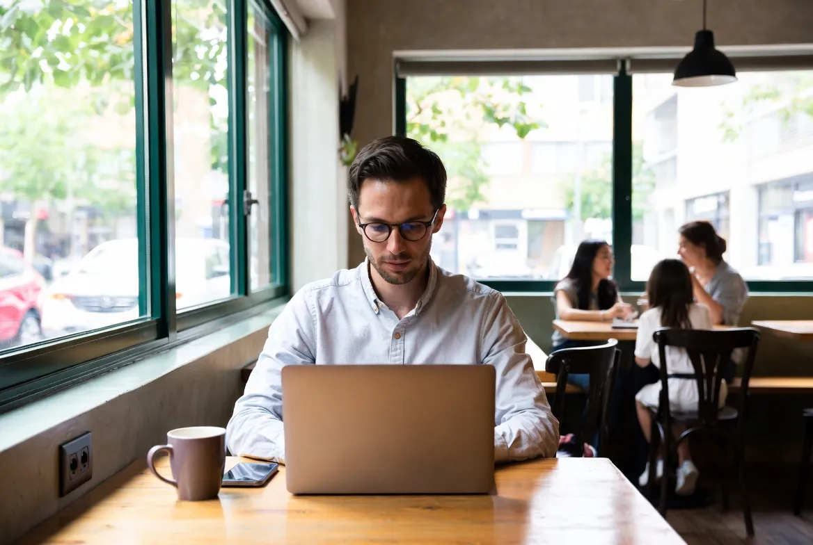 Father working remotely at a cafe while traveling with his family