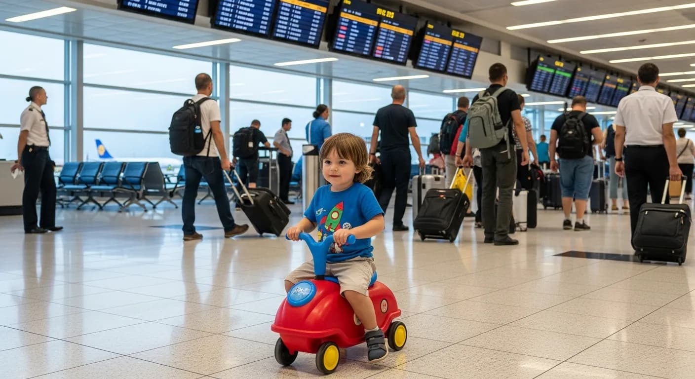 A child sitting on a colorful ride-on suitcase in a busy airport terminal