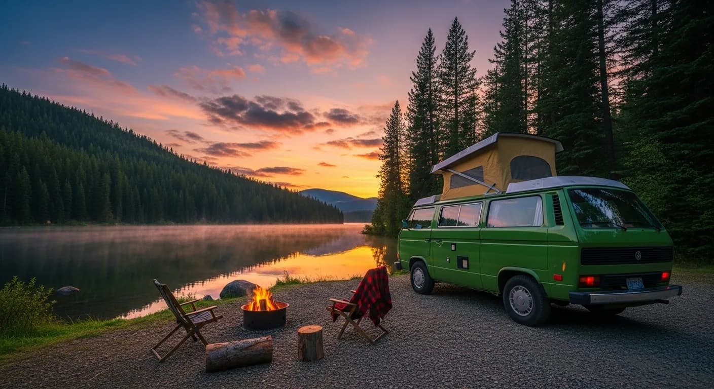 An RV parked next to a serene Canadian lake at sunset with a campfire nearby