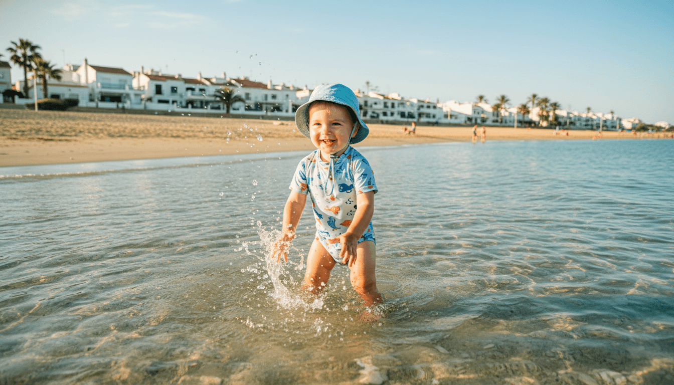 A toddler playing in the shallow turquoise waters of a Spanish beach