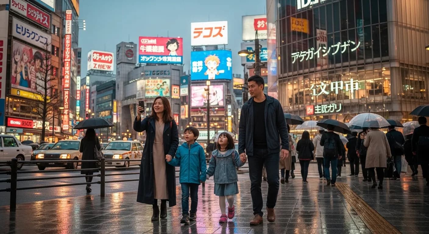 A family exploring the vibrant streets of Tokyo with children