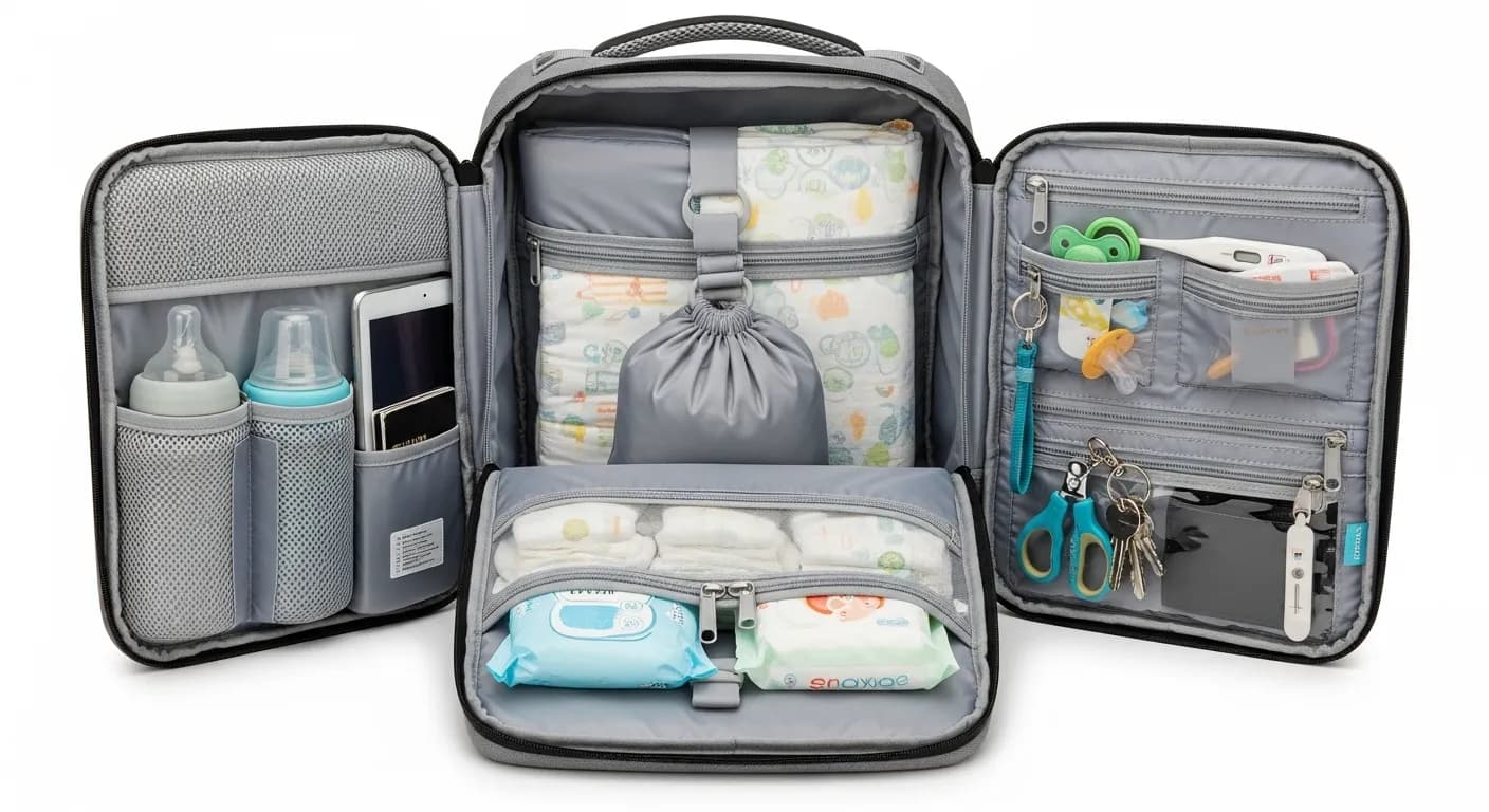 Internal compartments of a travel backpack for parents