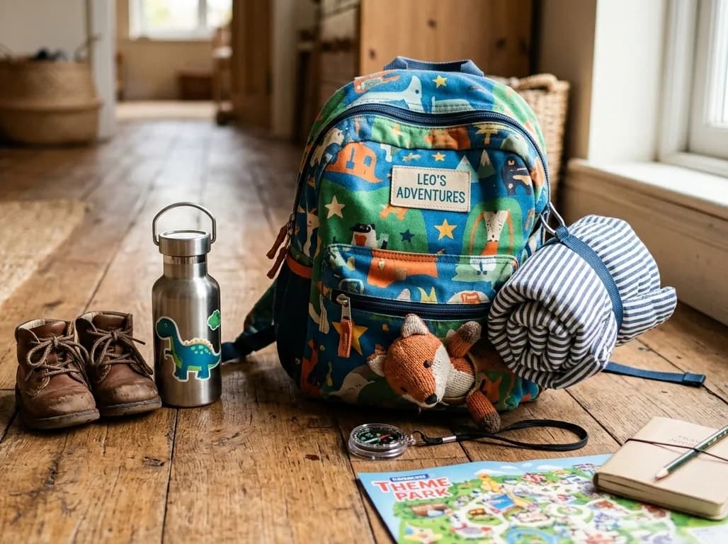 A close-up of a child's backpack and travel gear on a wooden floor