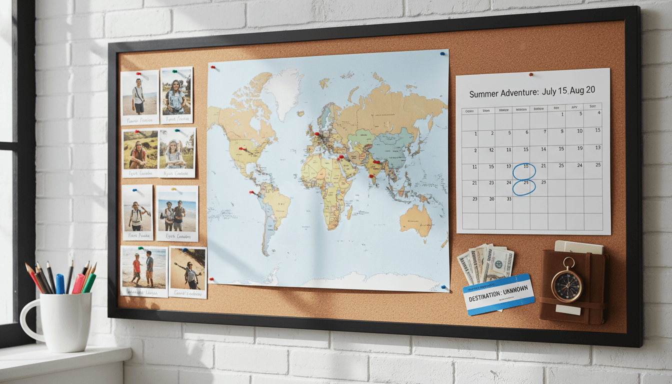 A close up of a family's travel planning board with maps, polaroids, and a calendar