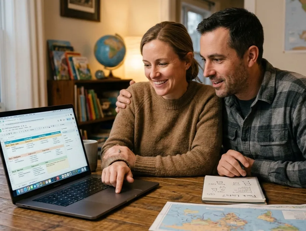 Parents planning their family travel itinerary on a laptop