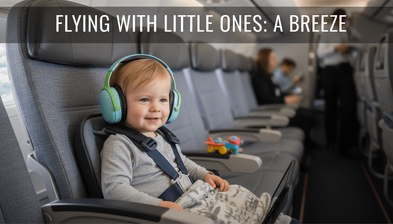 Toddler sitting safely in an airplane seat with headphones