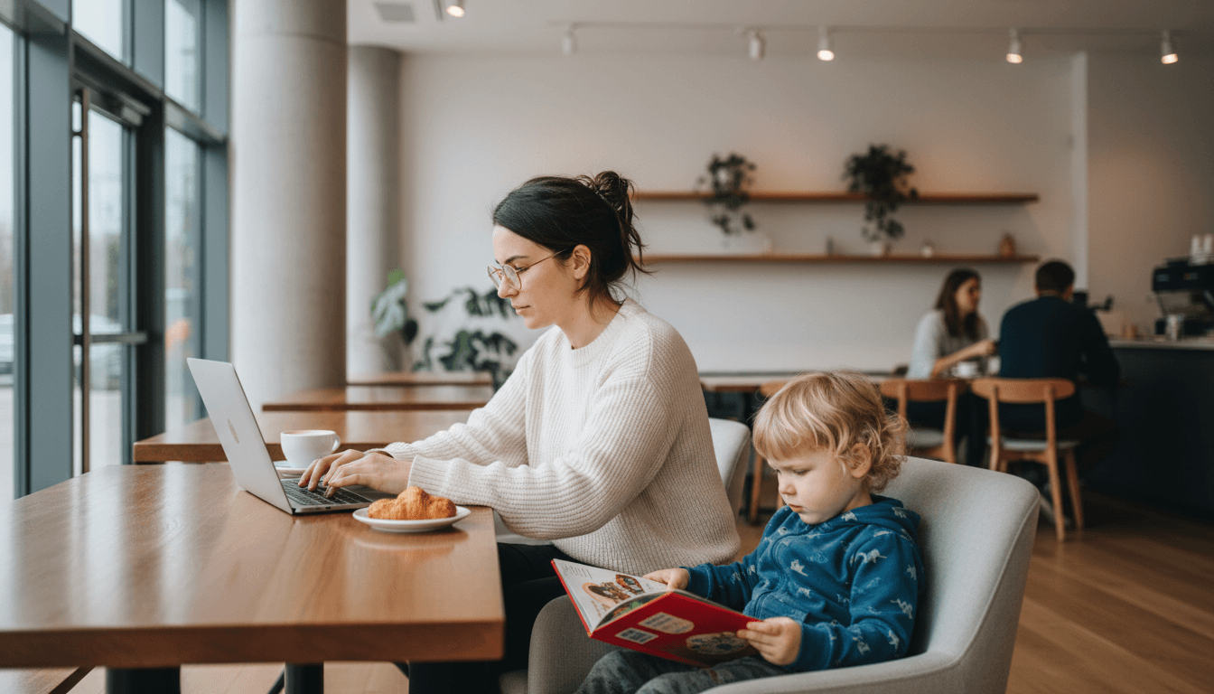 A parent working on a laptop while a child reads a book nearby in a modern cafe